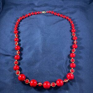 Vintage 1980s Trifari Red Beaded Necklace With Gold Accents & Spring Clasp